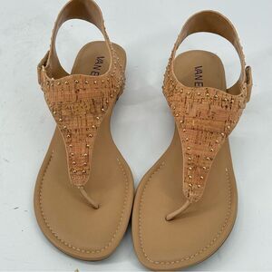 Vaneli Beige Leather with Gold Studded Toe br Post Thong Adjustable Sandal